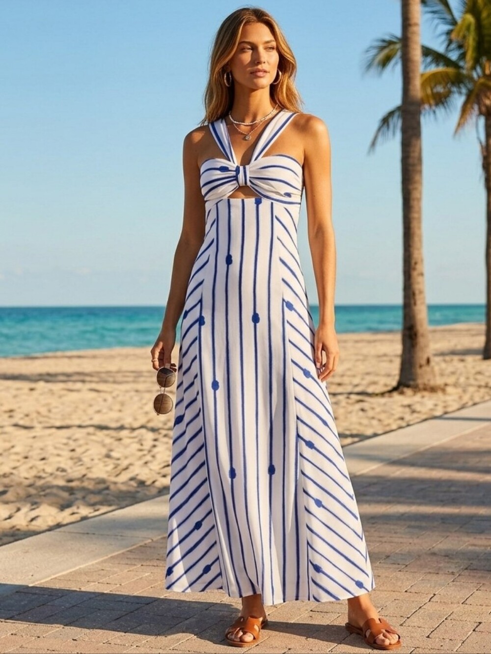 Antonio Melani Lined Linen Blend Maxi Nautical Dress Blue & White Women's Sz 12